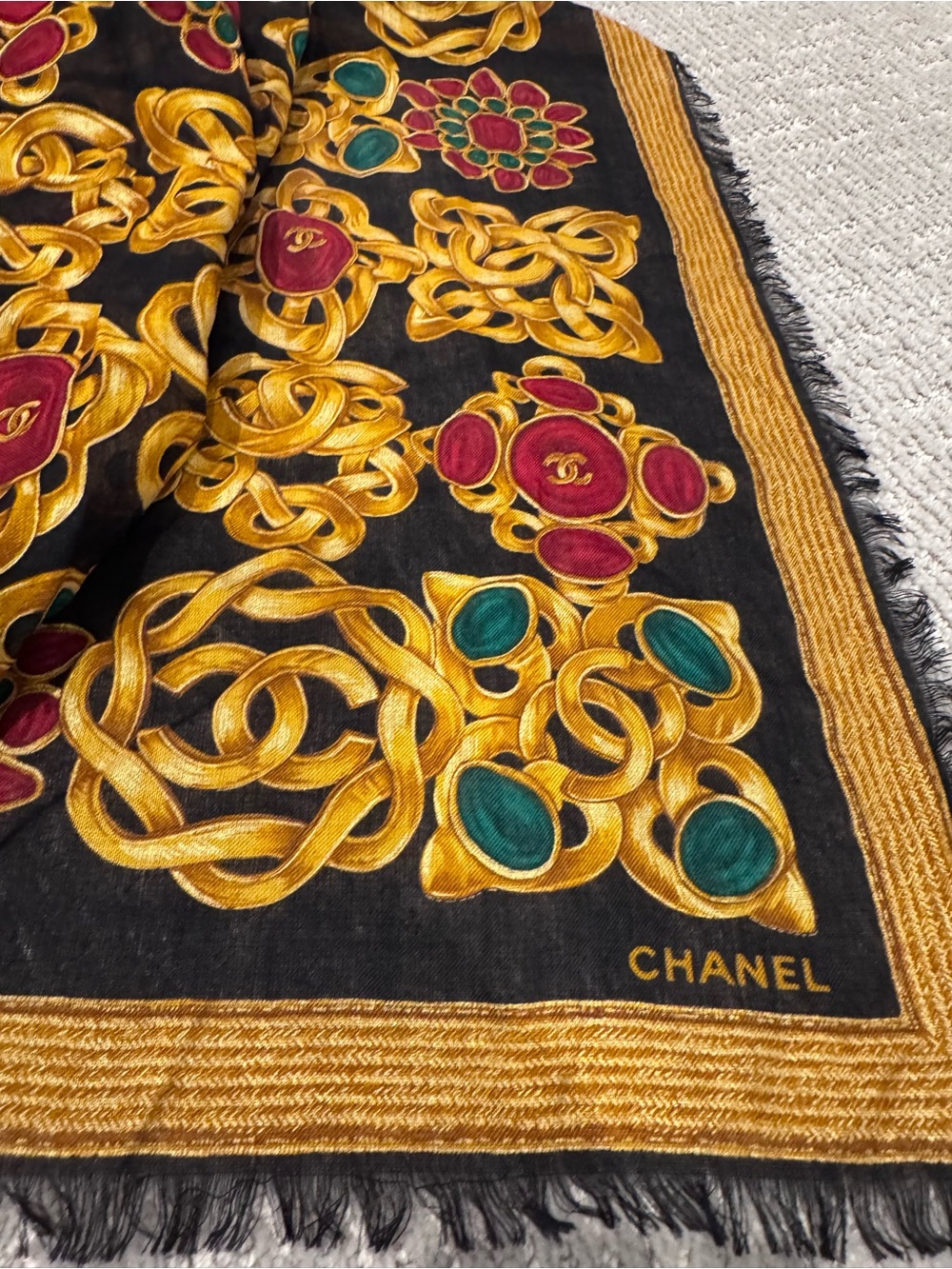 CHANEL Black Scarf with Gold Chain Motif and Red & Green Accents